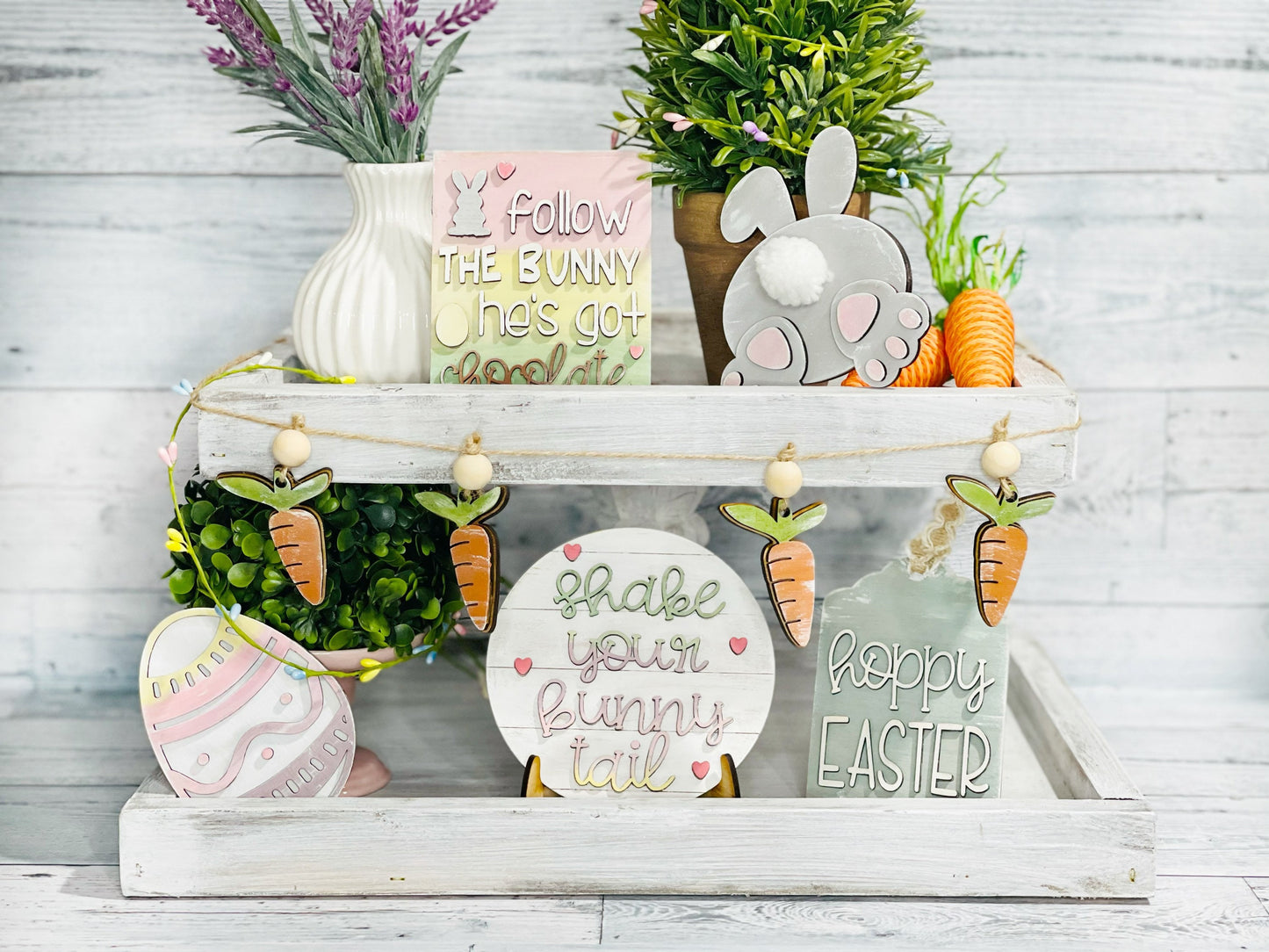 DIY Easter Tiered Tray Kit - Bunny Tail - Decorative Egg - Happy Easter - Unfinished Wood Blanks - Decorative Tray - Spring Decor
