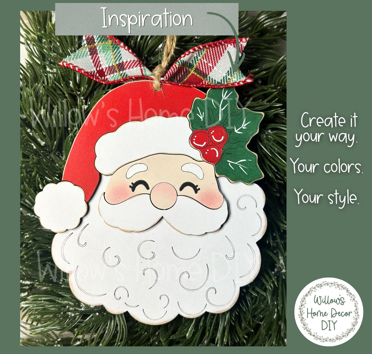 Santa Face Ornament Blank to Paint, Unfinished Wood Christmas Ornament, DIY Santa Claus Holiday Craft