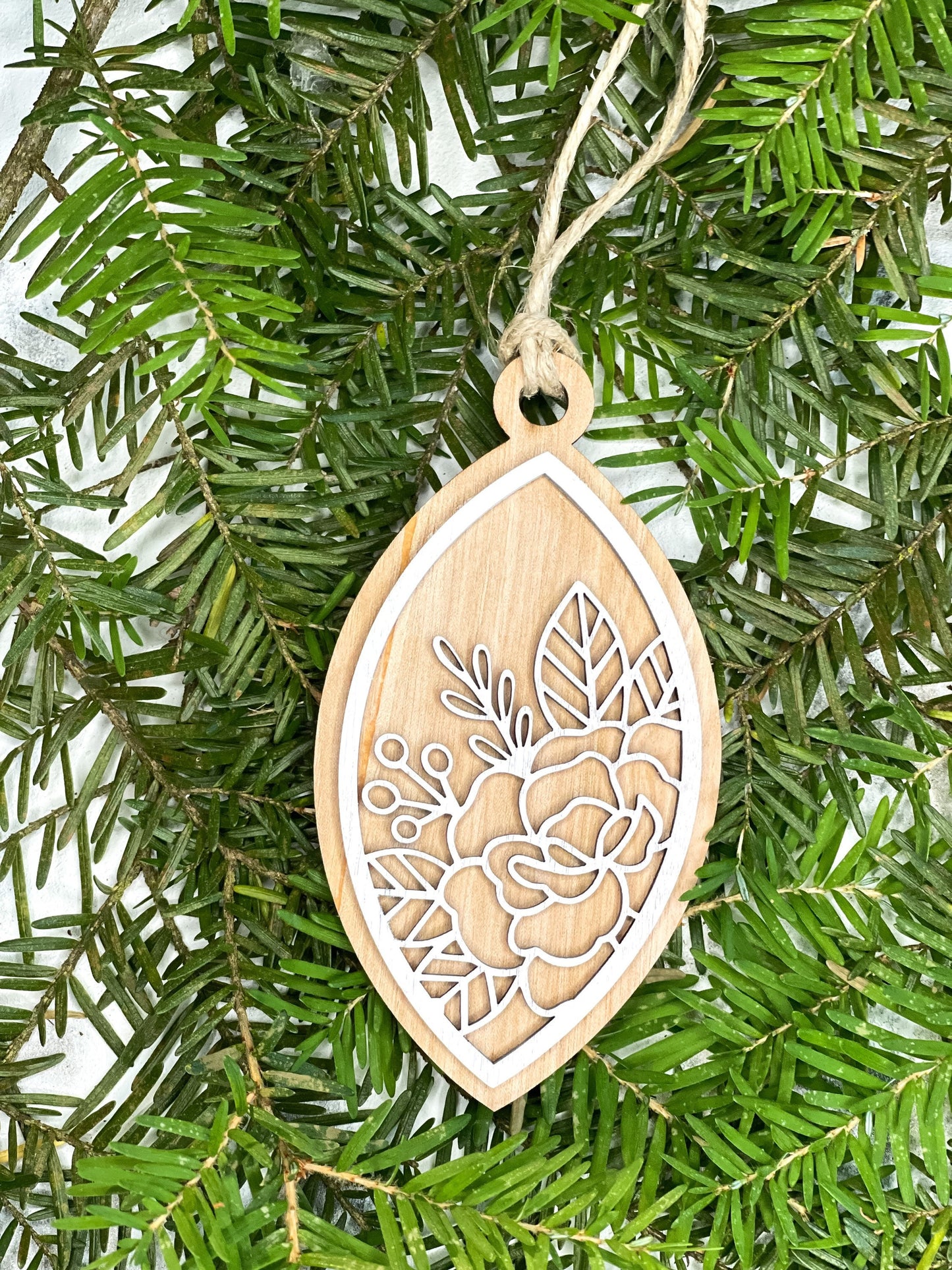 Boho Christmas Ornament - Floral Ornament Set - Christmas Tree Decorations - Natural Wood