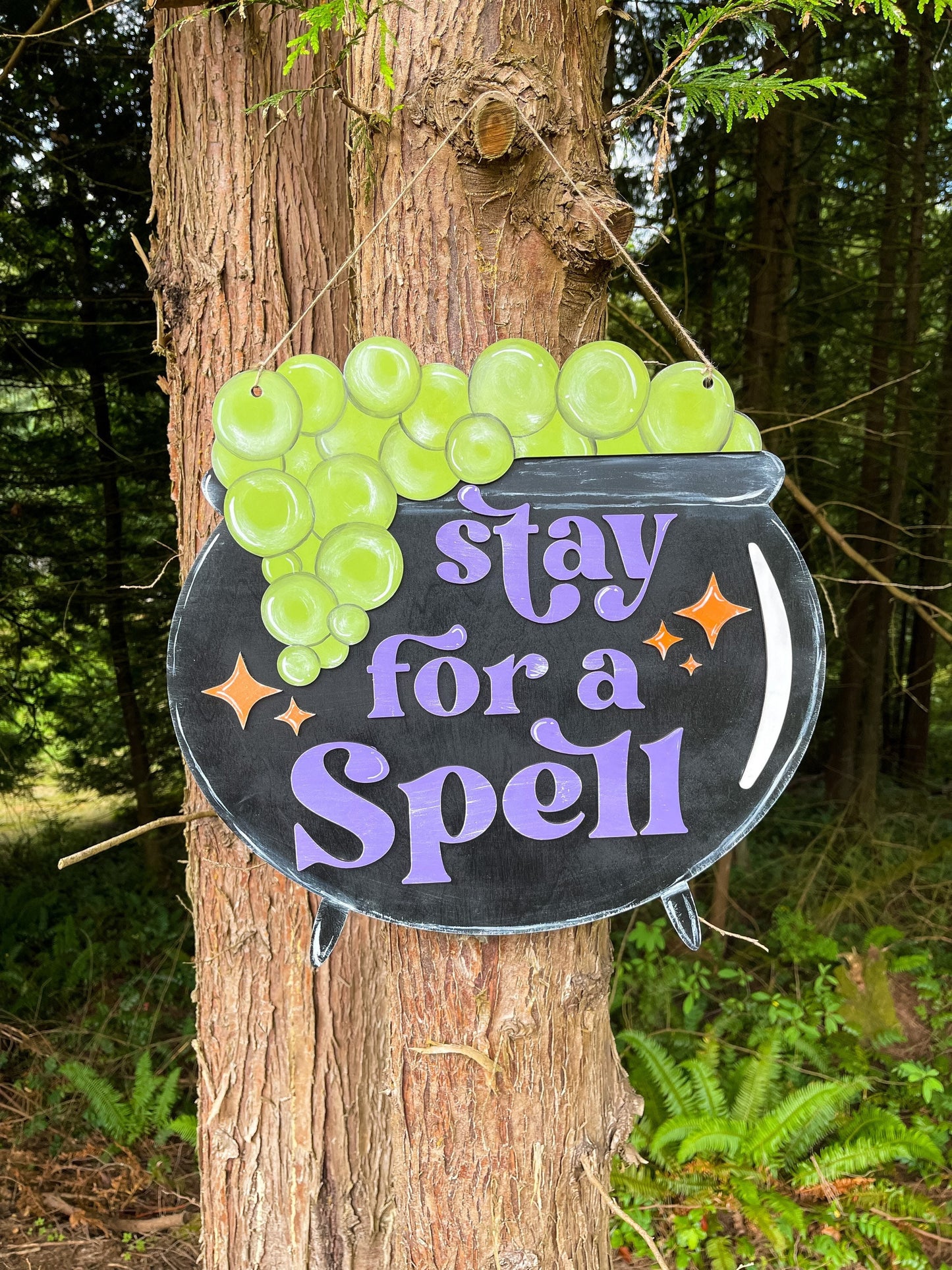 Stay for a Spell Wooden Halloween Door Hanger - Witch Porch Decor- Black Cauldron Door Sign
