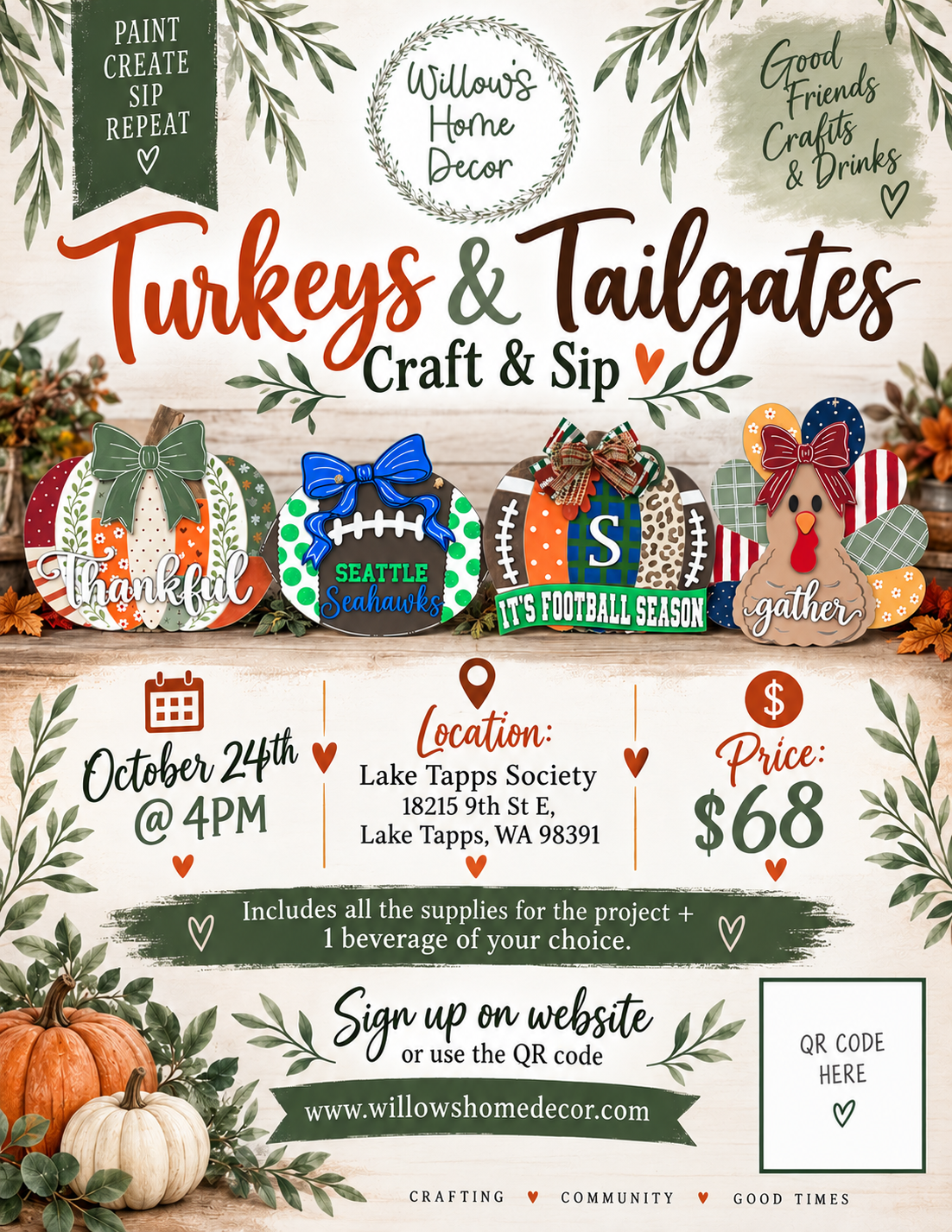 Turkeys & Tailgates Craft & Sip @ The Lake Tapps Society October 24th @ 4PM