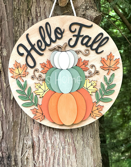 Hello Fall Door Hanger | Pumpkin Front Door Sign | Autumn Décor | DIY Paint Kit or Finished Wood Sign (12” 16” 18”)
