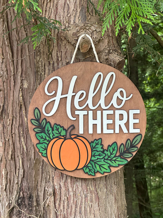 Hello There Door Hanger | Pumpkin Front Door Sign | Autumn Décor | DIY Paint Kit or Finished Wood Sign (12” 16” 18”)