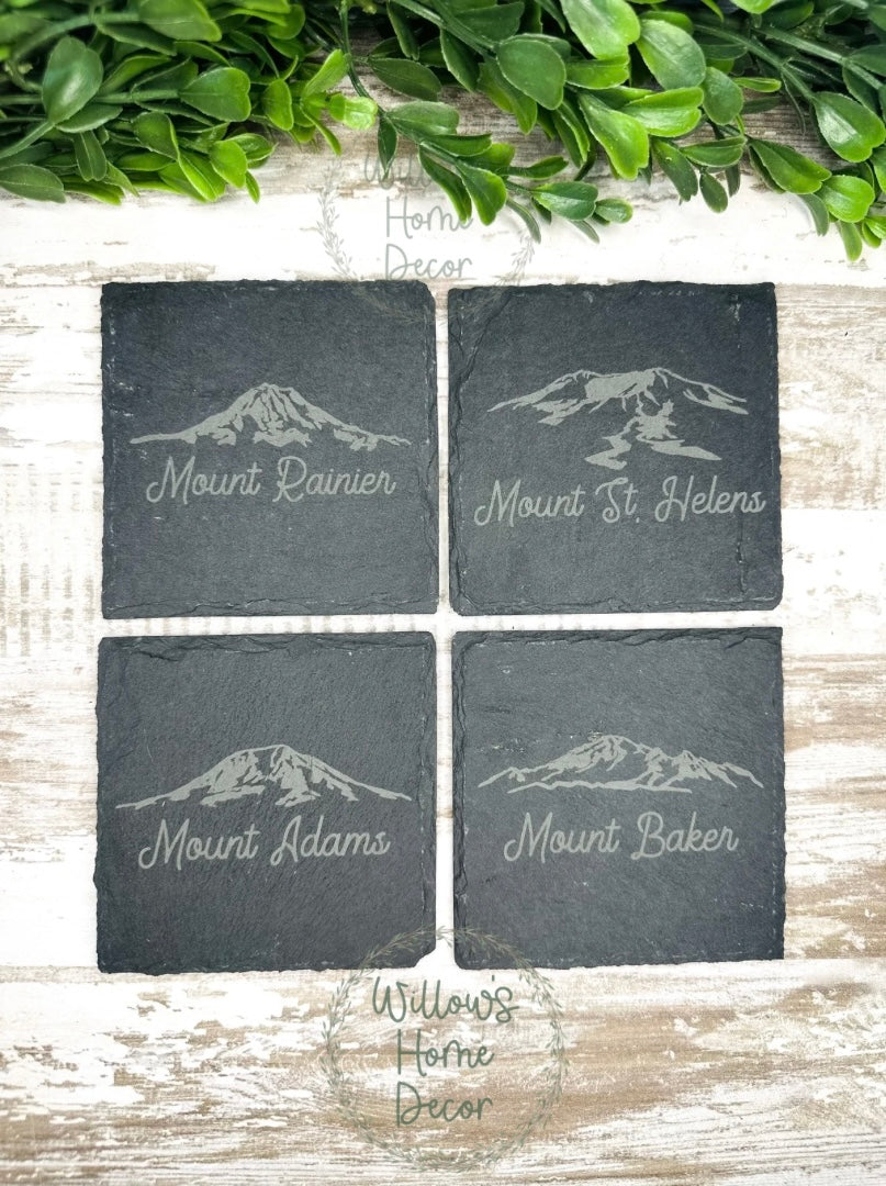 Washington Volcano Slate Coaster Set – Mount Rainier, Mount St. Helens, Mount Adams Mount Baker