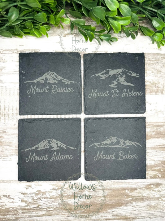 Washington Volcano Slate Coaster Set – Mount Rainier, Mount St. Helens, Mount Adams Mount Baker
