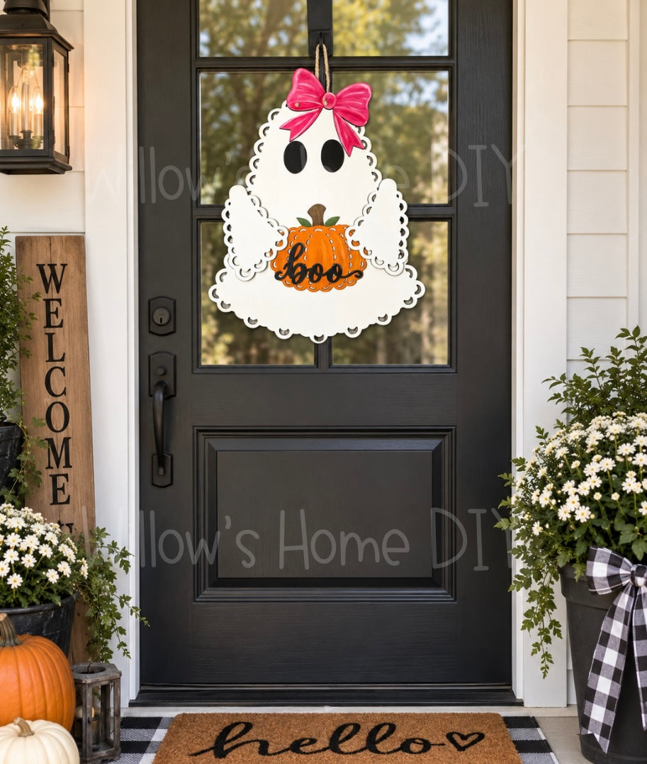 Halloween Ghost Door Hanger DIY Kit, Unfinished Wood Porch Sign Blank, Lace Bow Paint Your Own Fall Craft, Farmhouse Front Door Decor