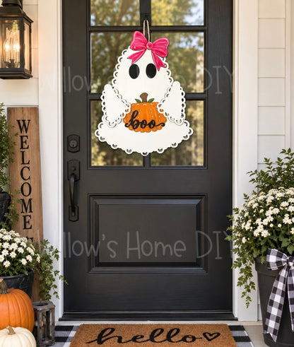 Halloween Ghost Door Hanger DIY Kit, Unfinished Wood Porch Sign Blank, Lace Bow Paint Your Own Fall Craft, Farmhouse Front Door Decor
