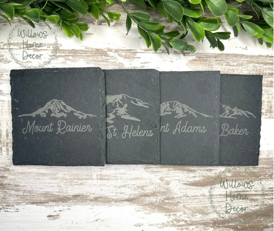 Washington Volcano Slate Coaster Set – Mount Rainier, Mount St. Helens, Mount Adams Mount Baker