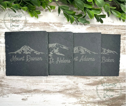 Washington Volcano Slate Coaster Set – Mount Rainier, Mount St. Helens, Mount Adams Mount Baker