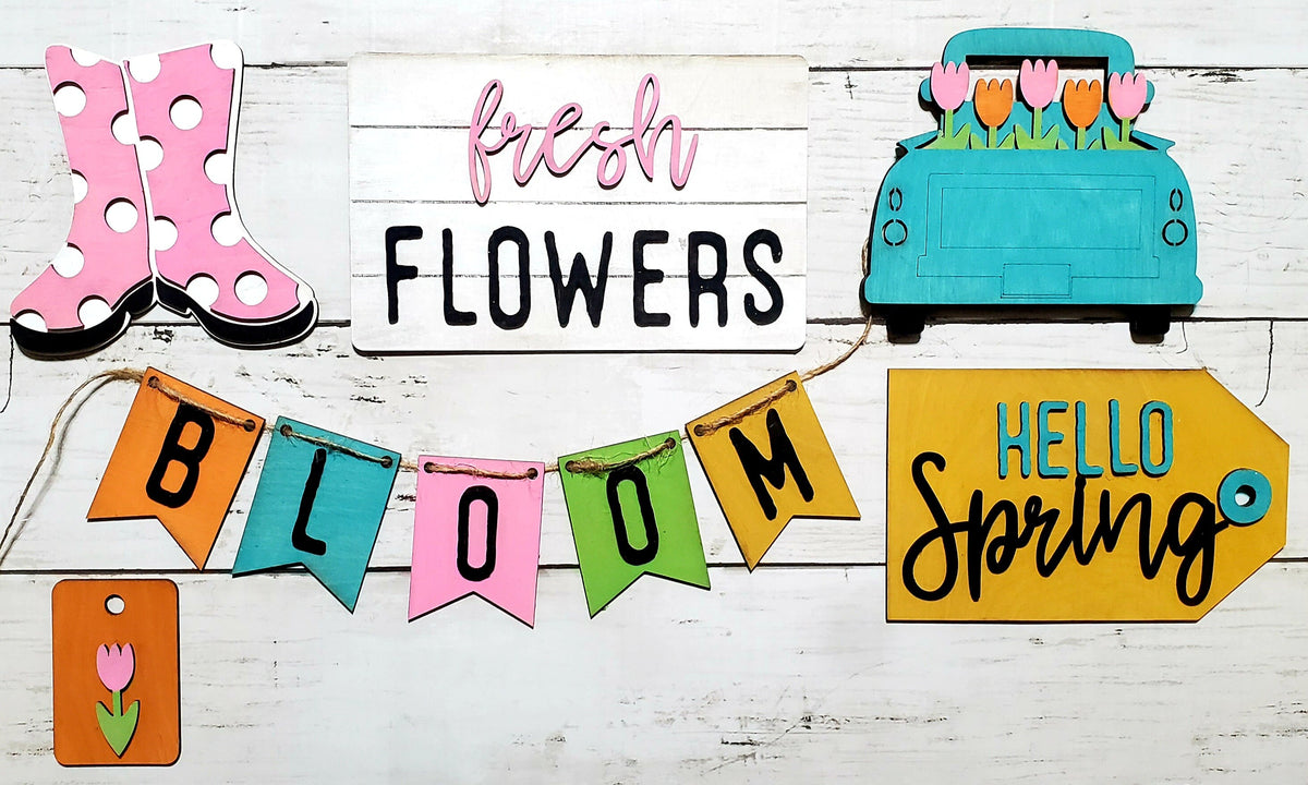 DIY Spring Flower Tiered Tray Kit - Hello Spring - Bloom Fresh Flowers - Unfinished Wood Blanks - Decorative Tray -