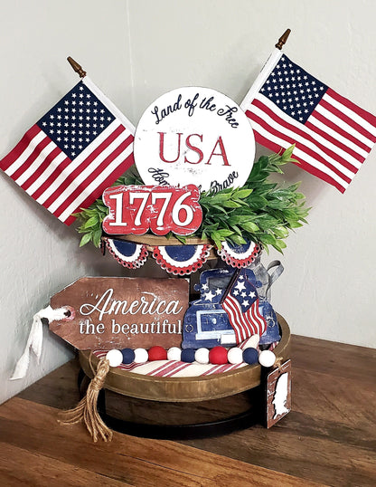DIY 4th of July Tiered Tray - Patriotic Wood Blank Kit - Independence Day Decor - USA Shelf Decor - America The Beautiful - Unfinished Wood