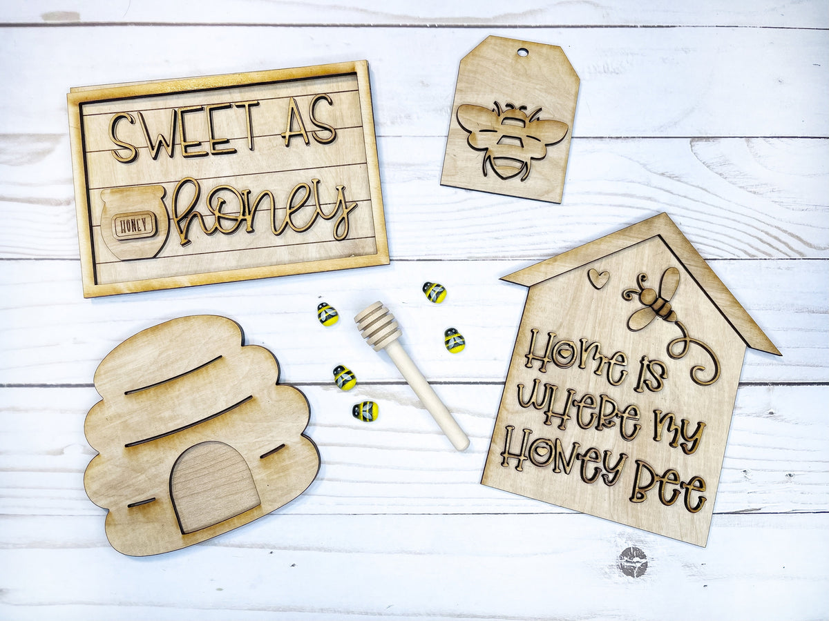 Honey Bee Tiered Tray Set - DIY Wood Blank - Honeycomb - Home Is Where My Honey Bee - Bee Hive