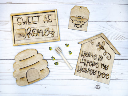 Honey Bee Tiered Tray Set - DIY Wood Blank - Honeycomb - Home Is Where My Honey Bee - Bee Hive