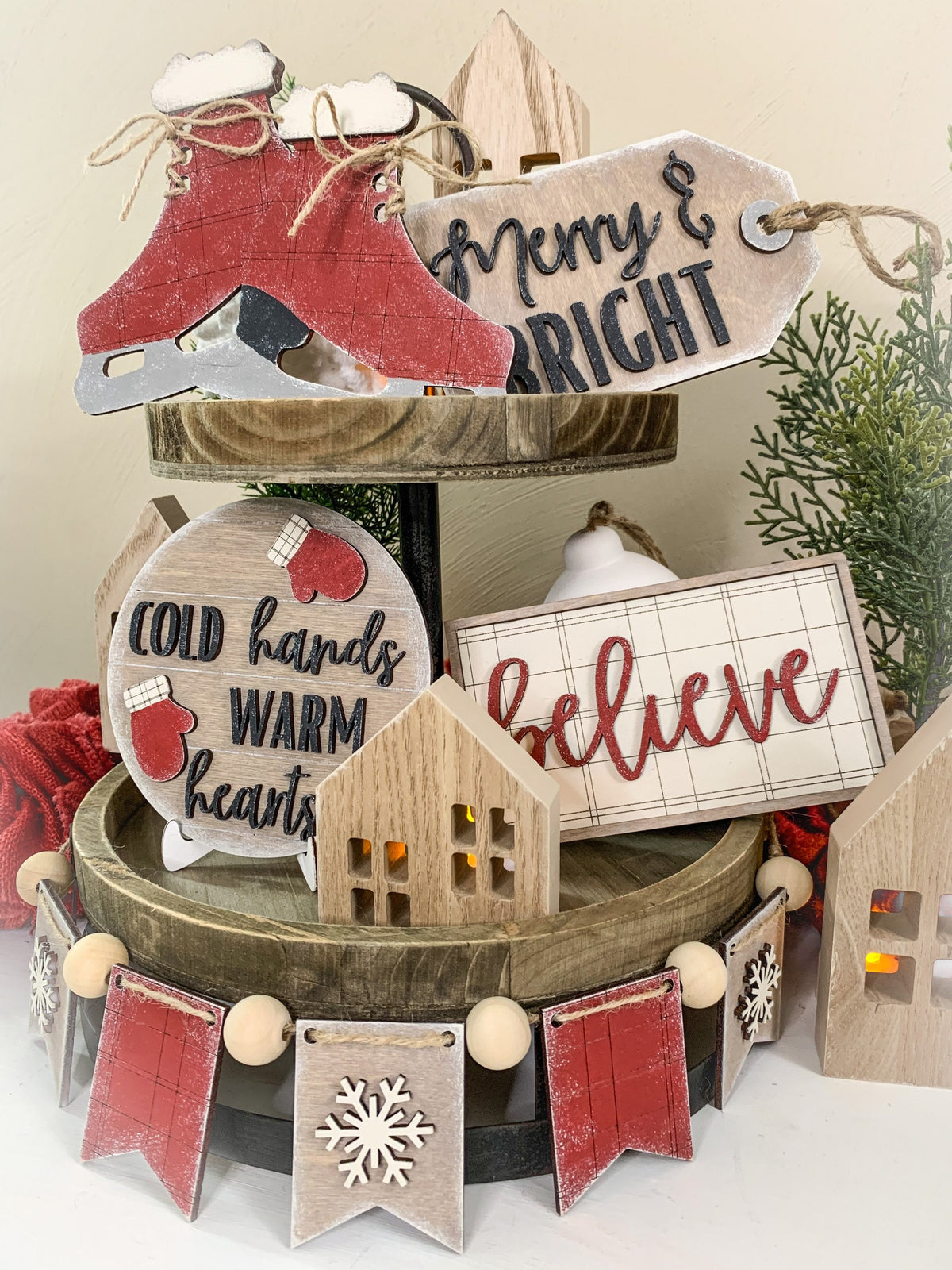 Plaid Christmas Tiered Tray - DIY Kits - Decorative Tray - Ice Skating Decor - Merry & Bright - Believe