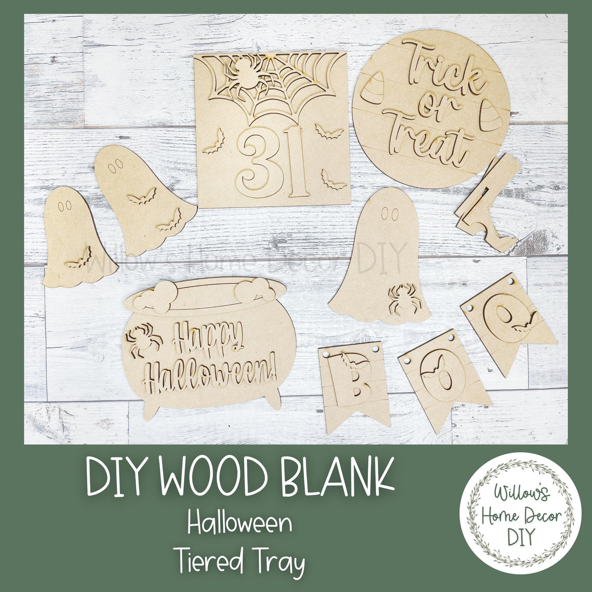 Happy Halloween Tiered Tray - DIY Wood Blank Kit - Spooky Decor - Trick or Treat - Boo - Ghost - Spider - Black Cauldron