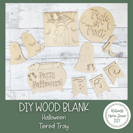 Happy Halloween Tiered Tray - DIY Wood Blank Kit - Spooky Decor - Trick or Treat - Boo - Ghost - Spider - Black Cauldron