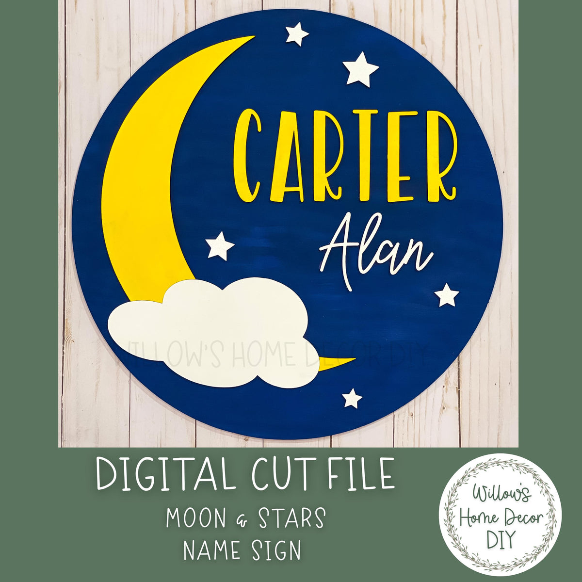 Moon and Stars Round Sign SVG - Nursery Name Sign - Laser SVG File - Glowforge Cut File