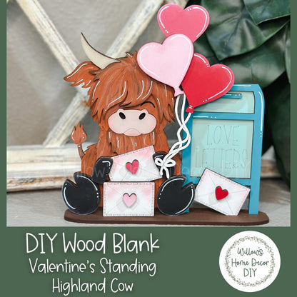 Valentine's Highland Cow Shelf Sitter - Love Letters DIY Kit - Ballon Heart Shelf Decor - Wood Blank Craft Kit- Hairy Coo -