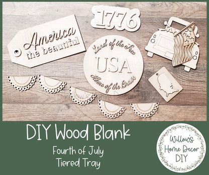 DIY 4th of July Tiered Tray - Patriotic Wood Blank Kit - Independence Day Decor - USA Shelf Decor - America The Beautiful - Unfinished Wood