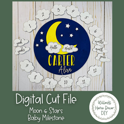 Moon and Stars Baby Milestone SVG - Newborn Photo Prop - Laser SVG File - Glowforge Cut File
