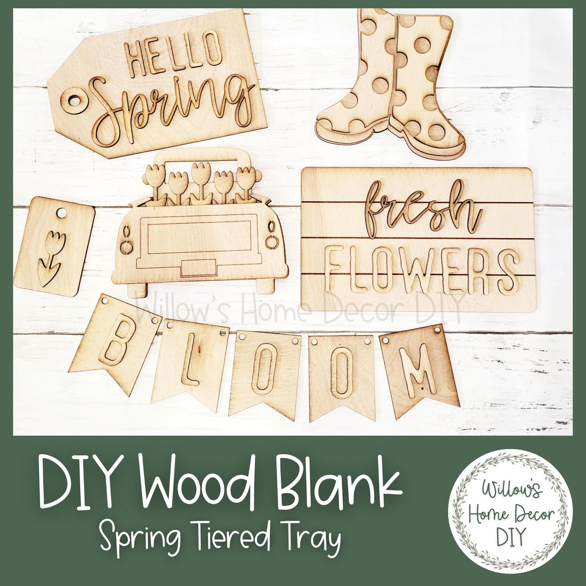 DIY Spring Flower Tiered Tray Kit - Hello Spring - Bloom Fresh Flowers - Unfinished Wood Blanks - Decorative Tray -