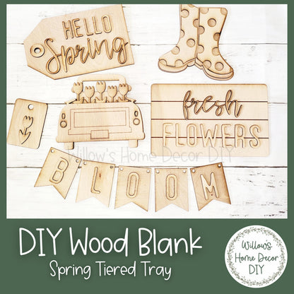 DIY Spring Flower Tiered Tray Kit - Hello Spring - Bloom Fresh Flowers - Unfinished Wood Blanks - Decorative Tray -