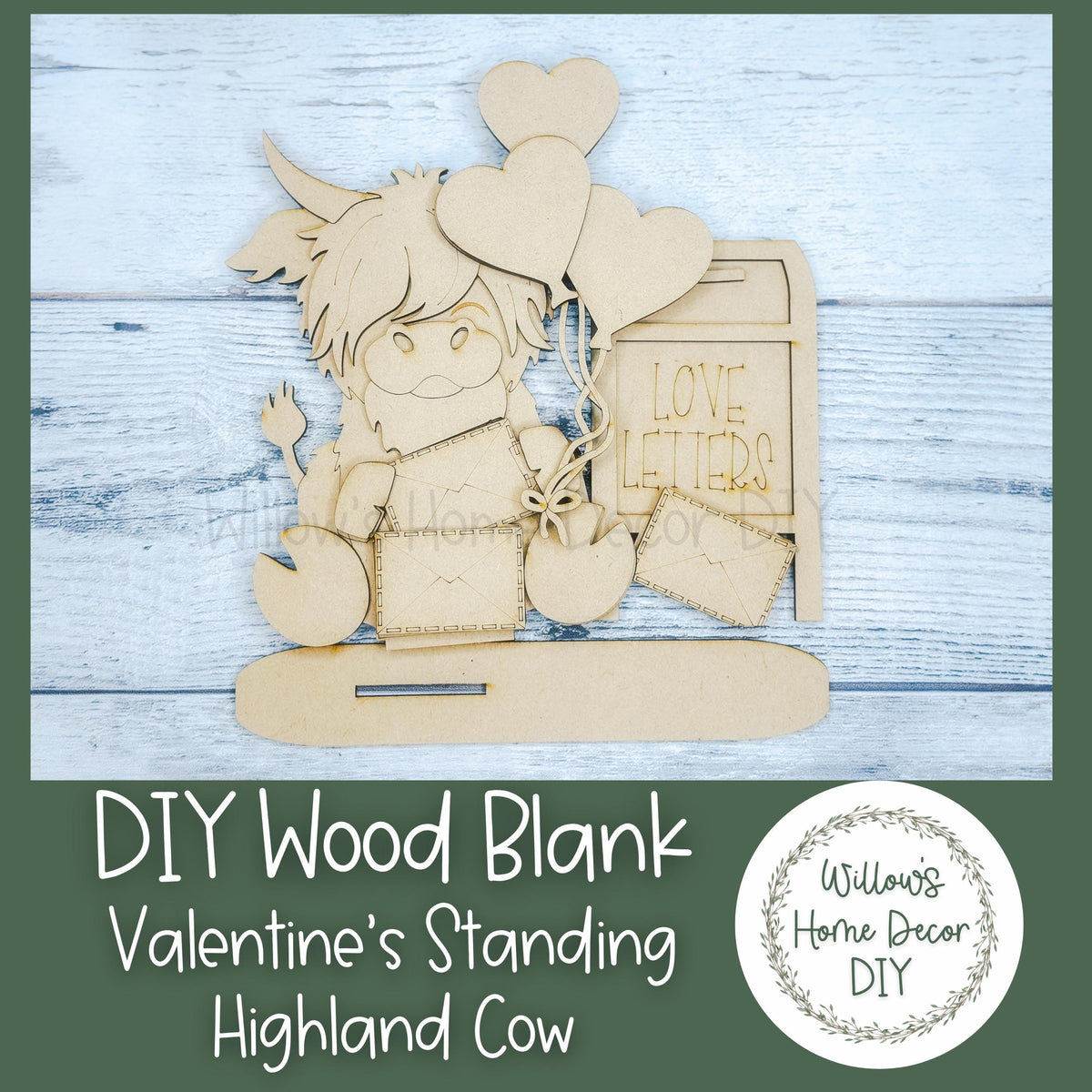 Valentine's Highland Cow Shelf Sitter - Love Letters DIY Kit - Ballon Heart Shelf Decor - Wood Blank Craft Kit- Hairy Coo -