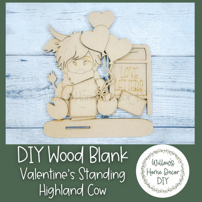 Valentine's Highland Cow Shelf Sitter - Love Letters DIY Kit - Ballon Heart Shelf Decor - Wood Blank Craft Kit- Hairy Coo -