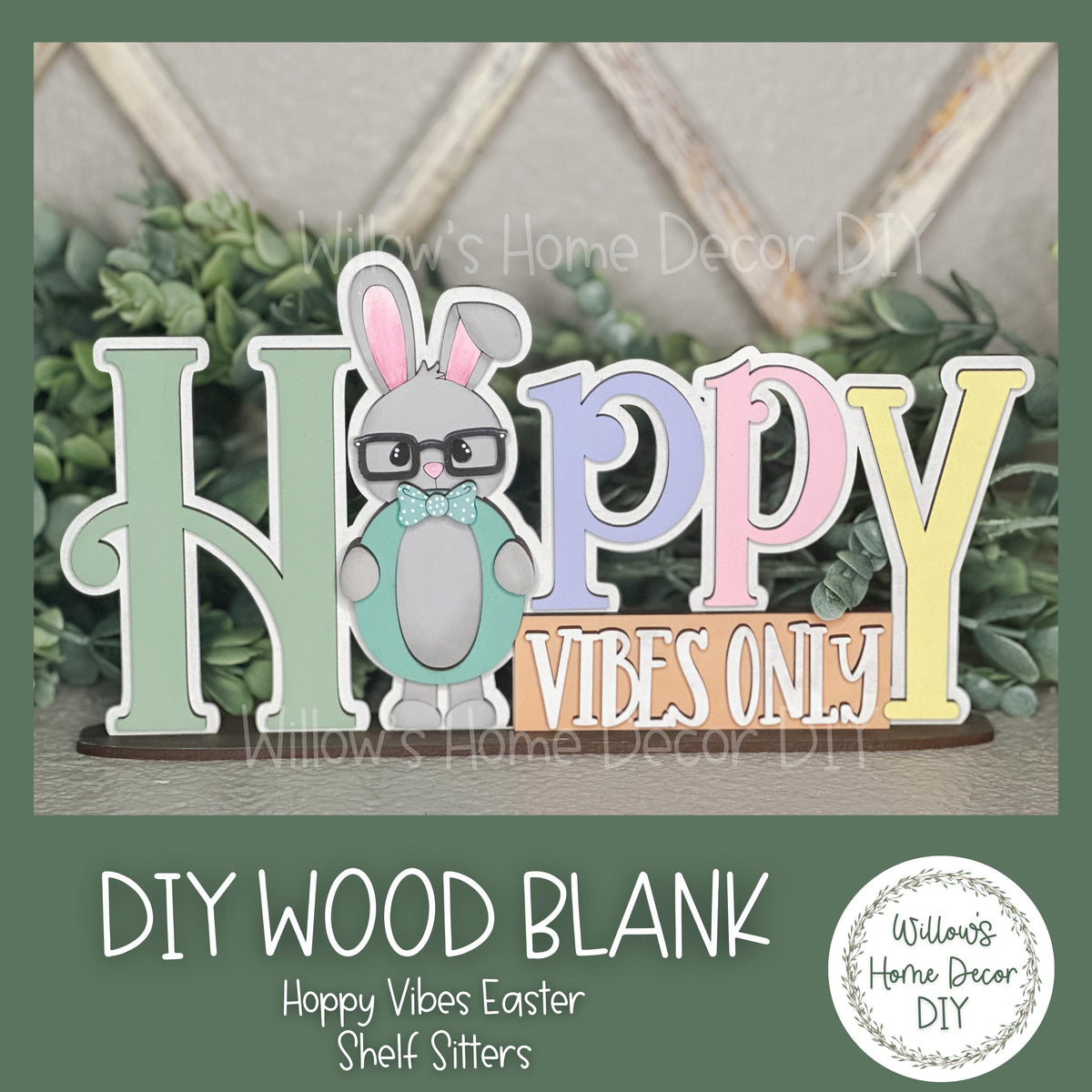 DIY Wood Blank Easter Hoppy Vibes Shelf Sitter - Unfinished Spring Craft - Nerdy Bunny - Paint Party Supply - Adult Kids Crafts -