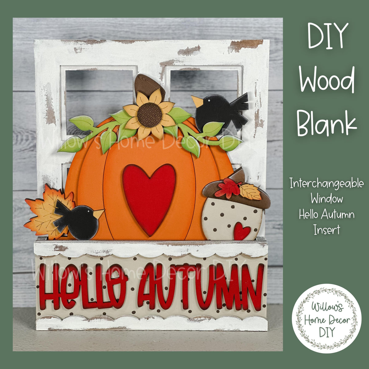 DIY Interchangeable Window Box Add-On Hello Autumn- Pumpkin Craft Kit - Wood Blank - Accent - Mantle Decor - Seasonal Shelf Sitter Sign