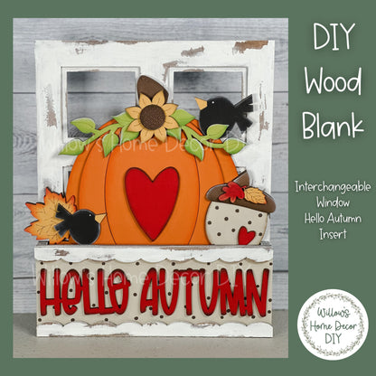 DIY Interchangeable Window Box Add-On Hello Autumn- Pumpkin Craft Kit - Wood Blank - Accent - Mantle Decor - Seasonal Shelf Sitter Sign