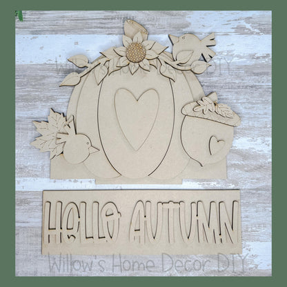 DIY Interchangeable Window Box Add-On Hello Autumn- Pumpkin Craft Kit - Wood Blank - Accent - Mantle Decor - Seasonal Shelf Sitter Sign