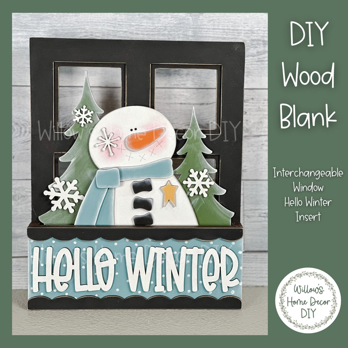 DIY Interchangeable Window Box Add-On Hello Winter - Snowman Craft Kit - Wood Blank - Mantle Decor - Seasonal Shelf Sitter Sign