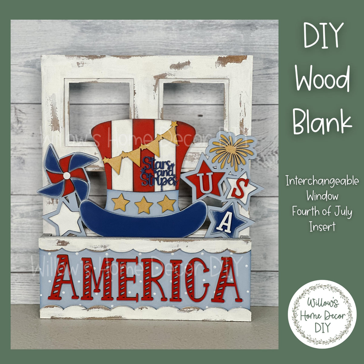 DIY Interchangeable Window Box Add-On America - Fourth of July Craft Kit - 4th of July Wood Blank - Mantle Decor - Seasonal Shelf Sitter