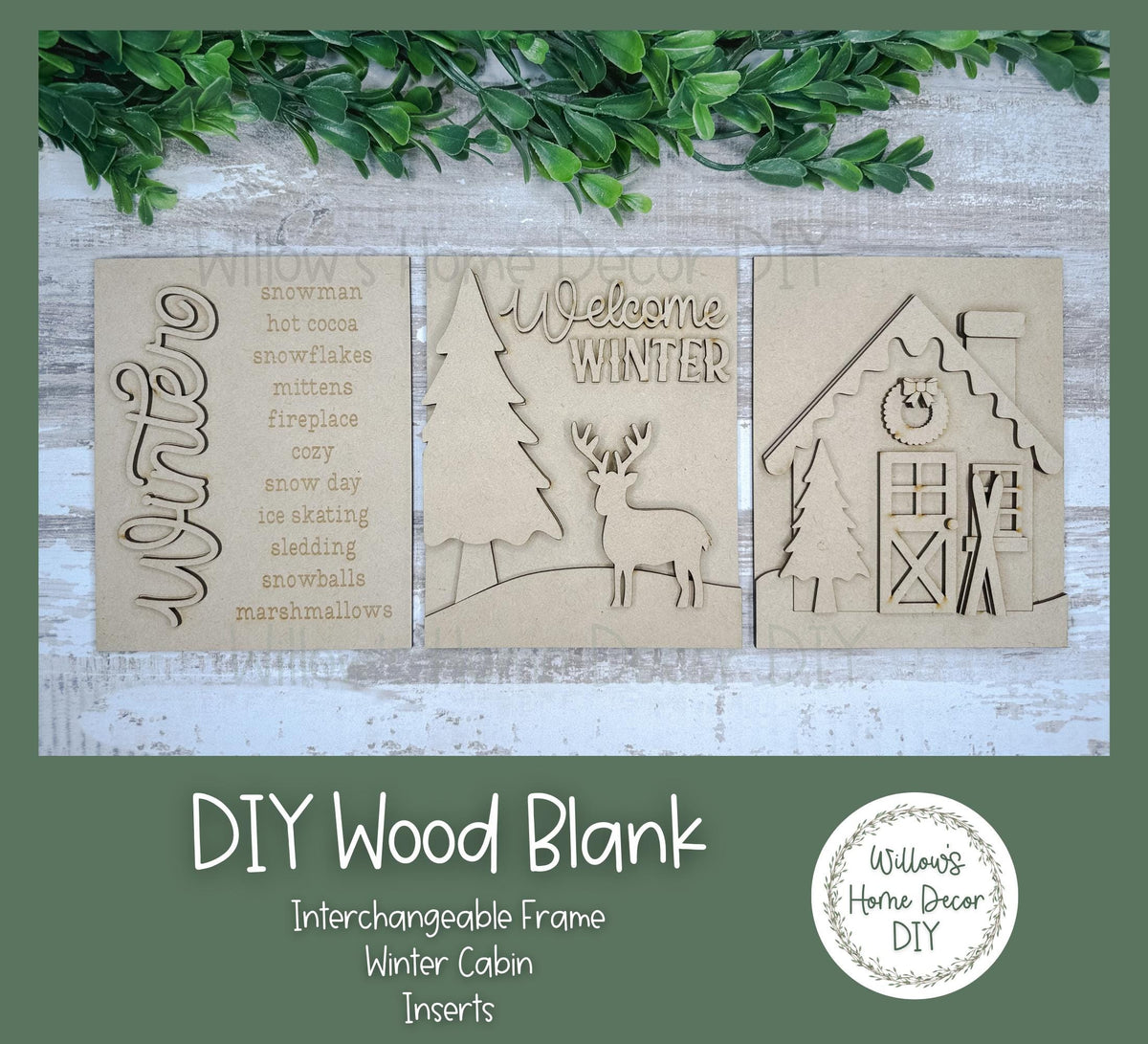 DIY Interchangeable Frame Add On - Winter Cabin - Snow - Adult Kids Craft Kit - Wood Blank - Mantle Decor - Seasonal Sign - Shelf Sitter
