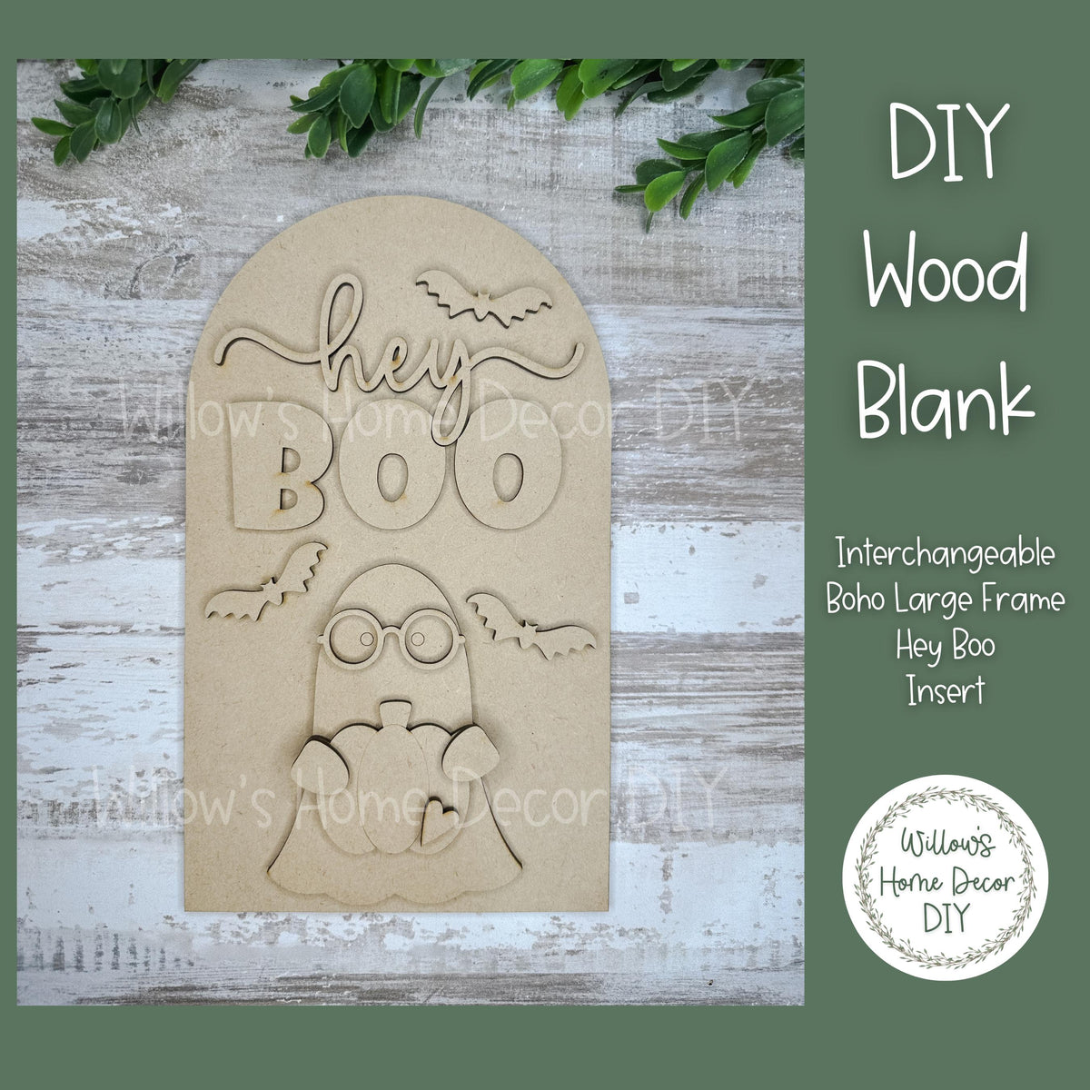 DIY Interchangeable Boho Arch Frame Insert - Hey Boo Ghost - Halloween Craft Kit - Wood Blank - Shelf Sitter Mantel Decor - Seasonal Sign -