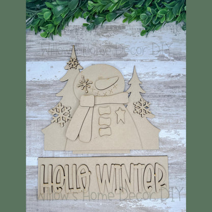 DIY Interchangeable Window Box Add-On Hello Winter - Snowman Craft Kit - Wood Blank - Mantle Decor - Seasonal Shelf Sitter Sign