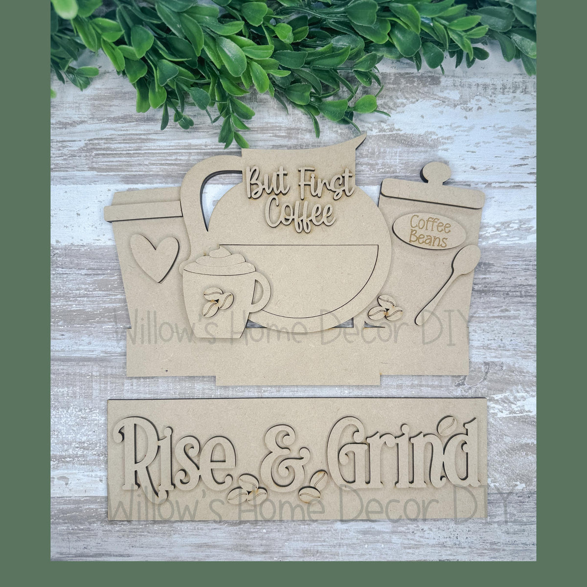 DIY Interchangeable Window Box Add-On Rise & Grind - Coffee Bar Craft Kit - Wood Blank - Mantle Decor - Seasonal Shelf Sitter Sign