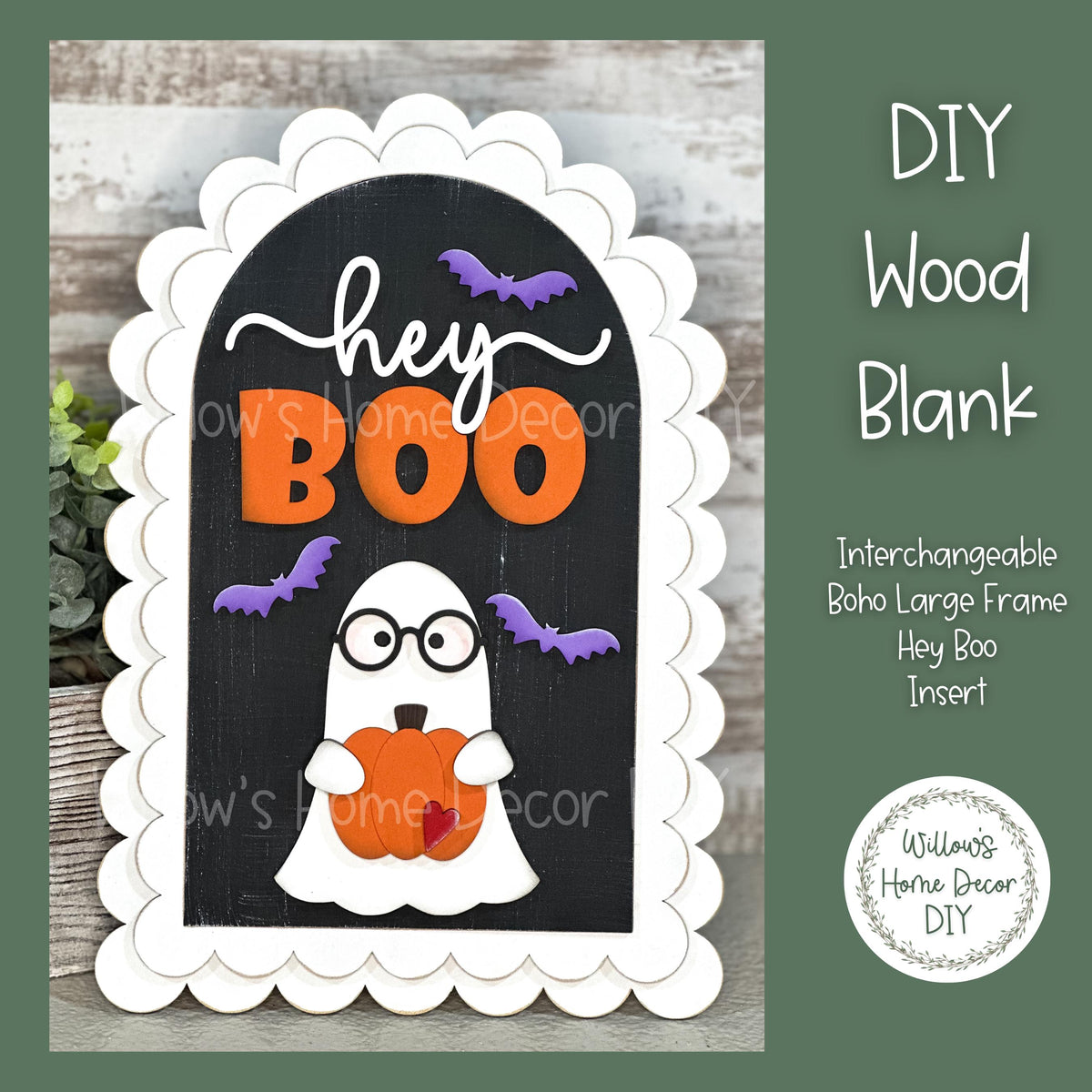DIY Interchangeable Boho Arch Frame Insert - Hey Boo Ghost - Halloween Craft Kit - Wood Blank - Shelf Sitter Mantel Decor - Seasonal Sign -