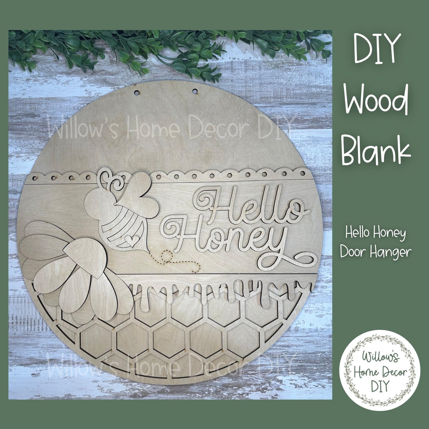DIY Wood Blank Hello Honey Door Hanger - Unfinished Bee Adult Kids Craft - Daisy - Honeycomb - Summer Paint Party -