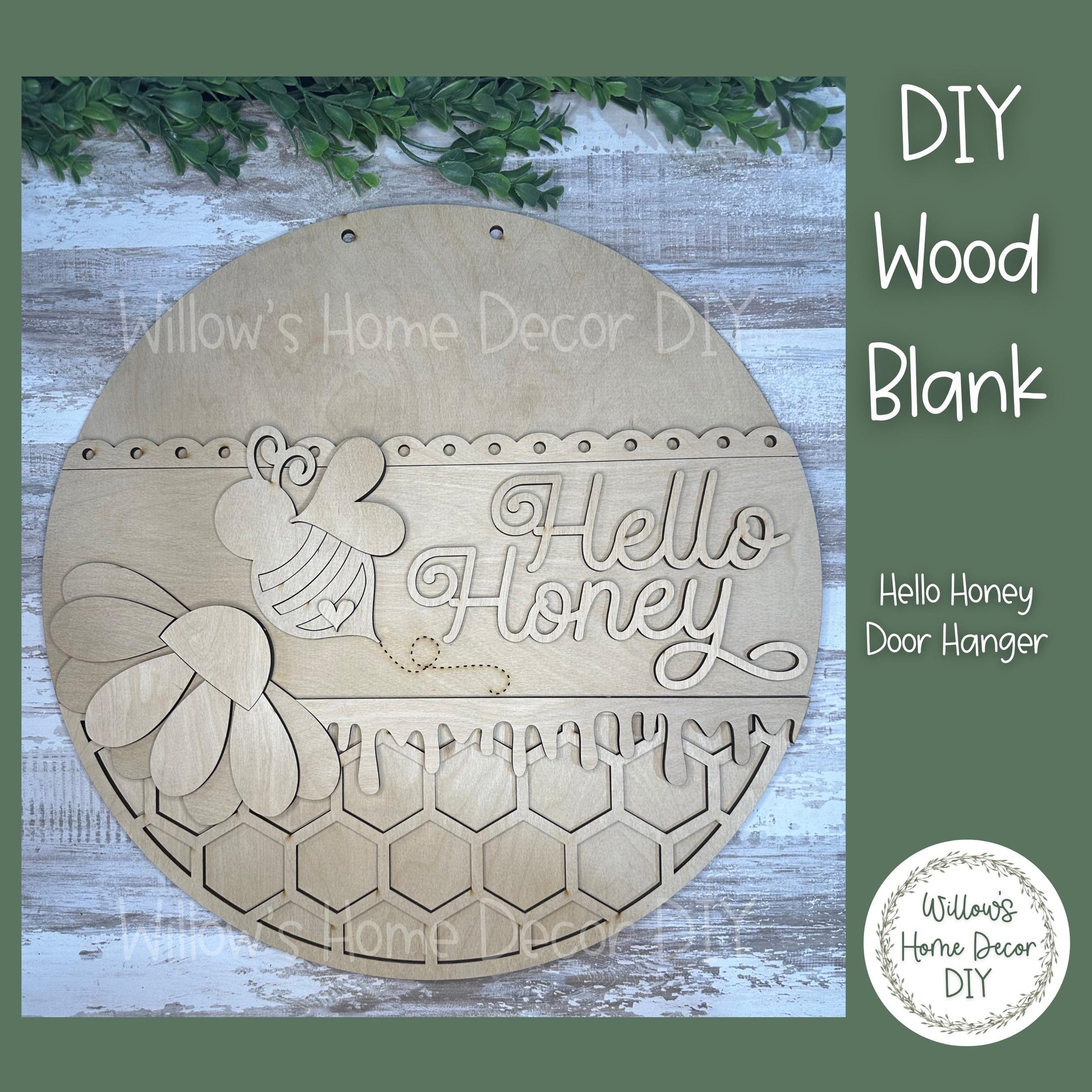 DIY Wood Blank Hello Honey Door Hanger - Unfinished Bee Adult Kids Craft - Daisy - Honeycomb - Summer Paint Party -