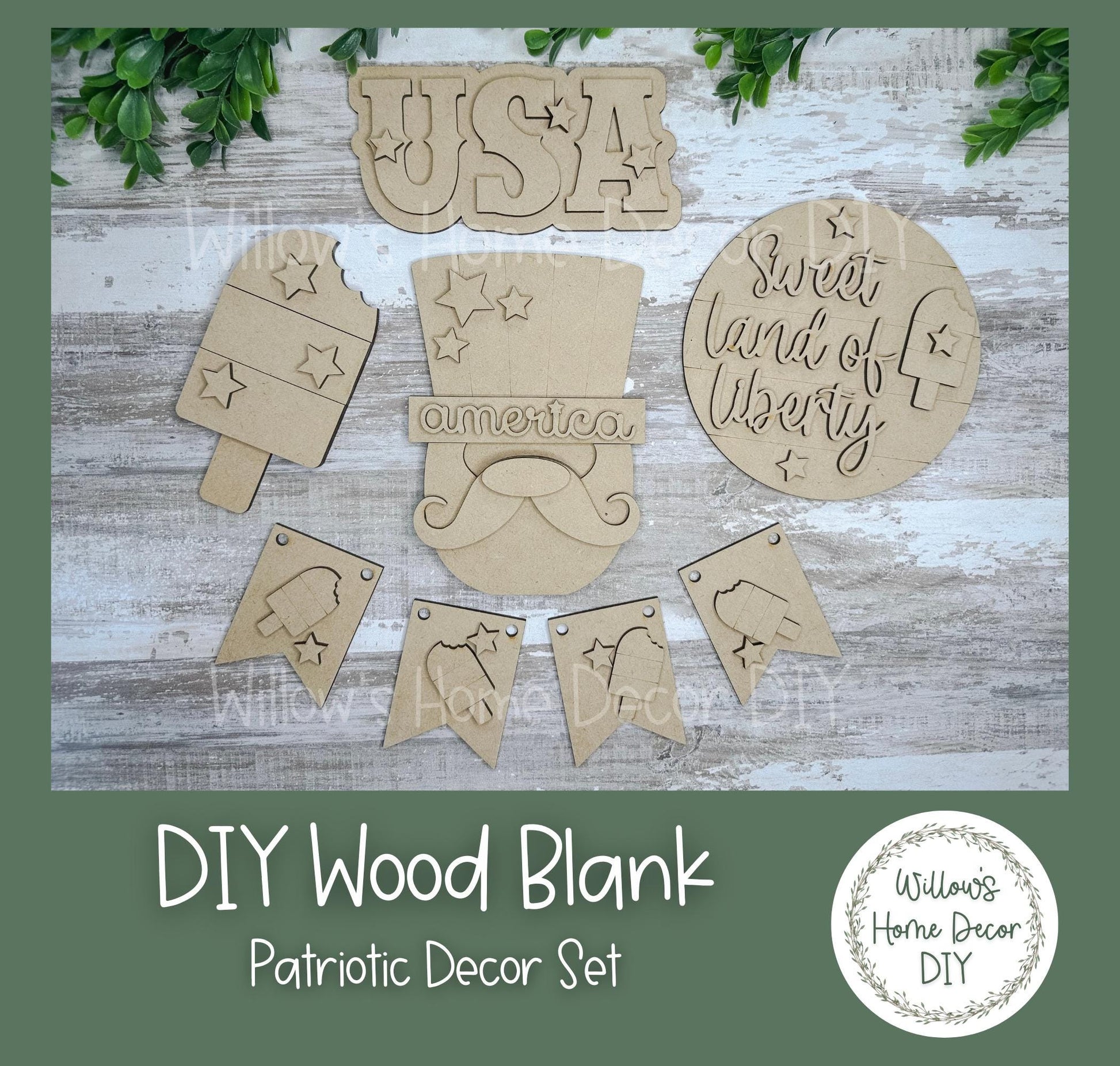 DIY Wood Blank Patriotic Decor Set - Unfinished Tiered Tray - Uncle Sam - USA - Land of Liberty- Summer Paint Party - Adult Kids Crafts -