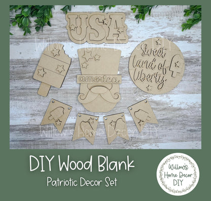 DIY Wood Blank Patriotic Decor Set - Unfinished Tiered Tray - Uncle Sam - USA - Land of Liberty- Summer Paint Party - Adult Kids Crafts -