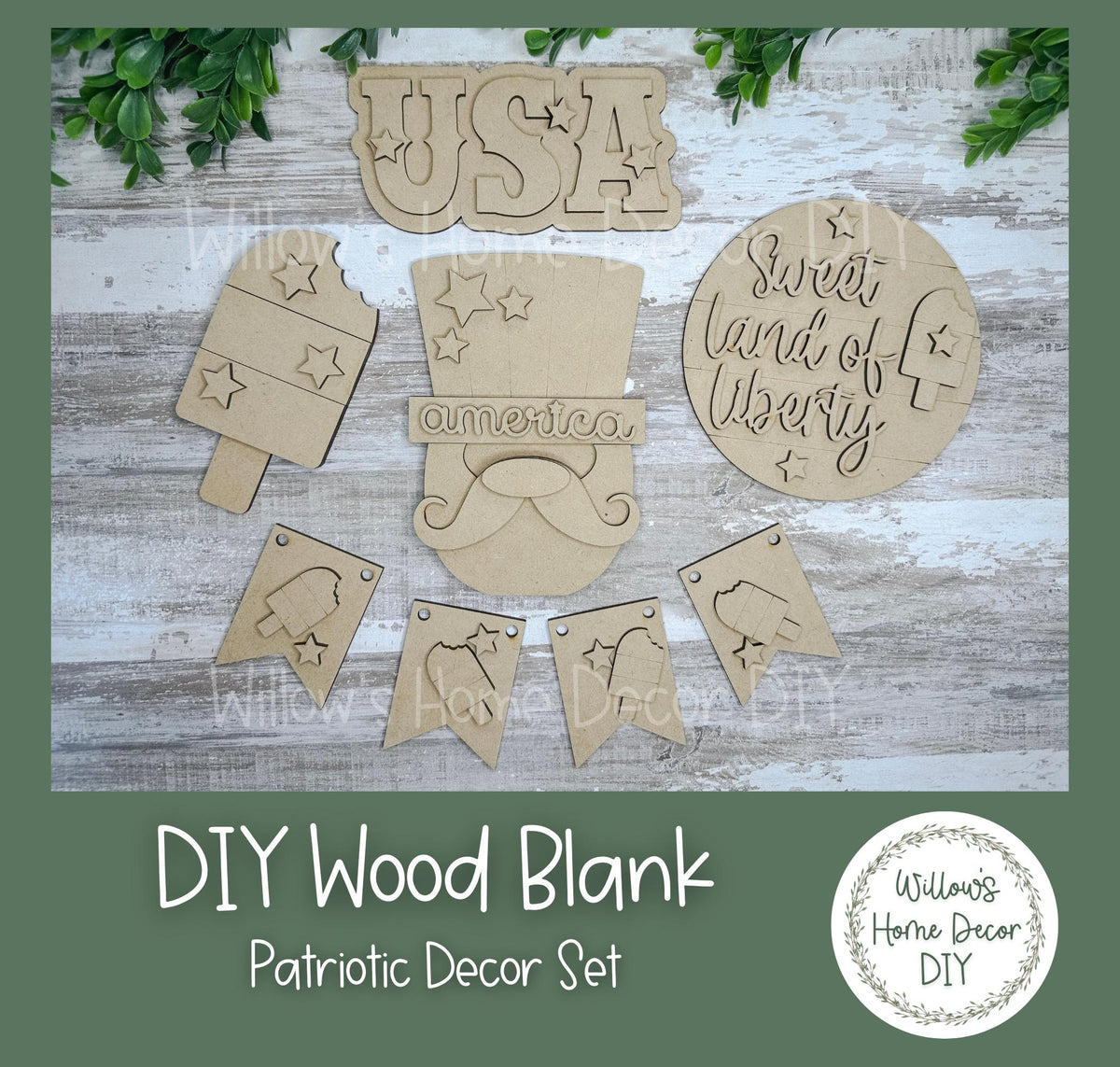 DIY Wood Blank Patriotic Decor Set - Unfinished Tiered Tray - Uncle Sam - USA - Land of Liberty- Summer Paint Party - Adult Kids Crafts -