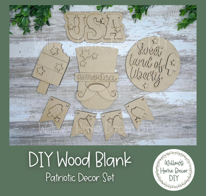 DIY Wood Blank Patriotic Decor Set - Unfinished Tiered Tray - Uncle Sam - USA - Land of Liberty- Summer Paint Party - Adult Kids Crafts -
