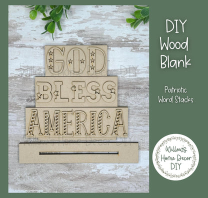 DIY Wood Blank Patriotic Word Stack - Unfinished 4th of July Craft - 1776 - USA - God Bless America - Summer Paint Party - Adult Kids Crafts