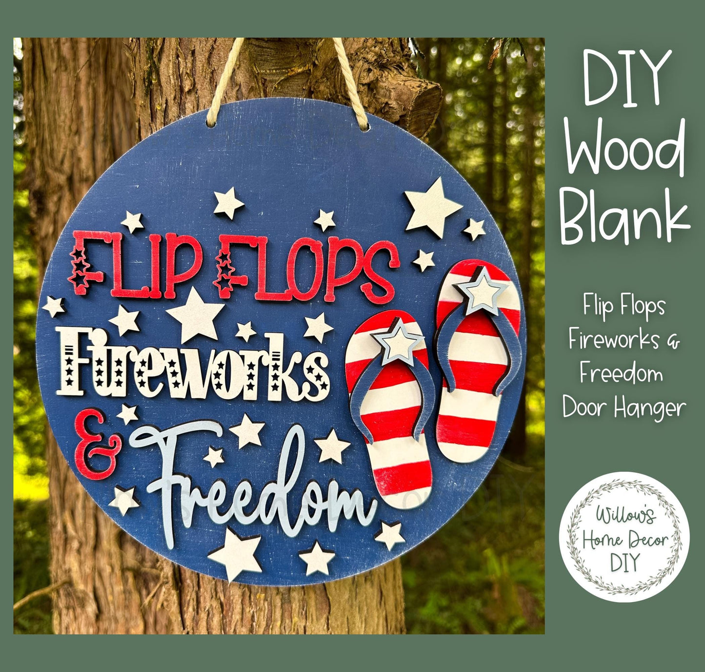 DIY Wood Blank Flip Flops Fireworks & Freedom Door Hanger - Unfinished Patriotic Adult Kids Craft - USA - America - Summer Paint Party -Star