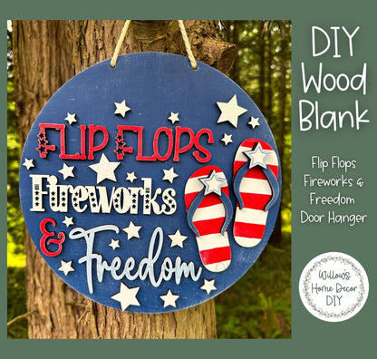 DIY Wood Blank Flip Flops Fireworks & Freedom Door Hanger - Unfinished Patriotic Adult Kids Craft - USA - America - Summer Paint Party -Star