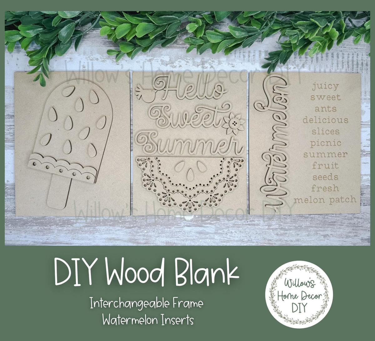 DIY Interchangeable Frame Add On Watermelon Inserts - Adult Kids Craft Kit - Wood Blank - Accent Mantle Decor - Seasonal Sign - Shelf Sitter