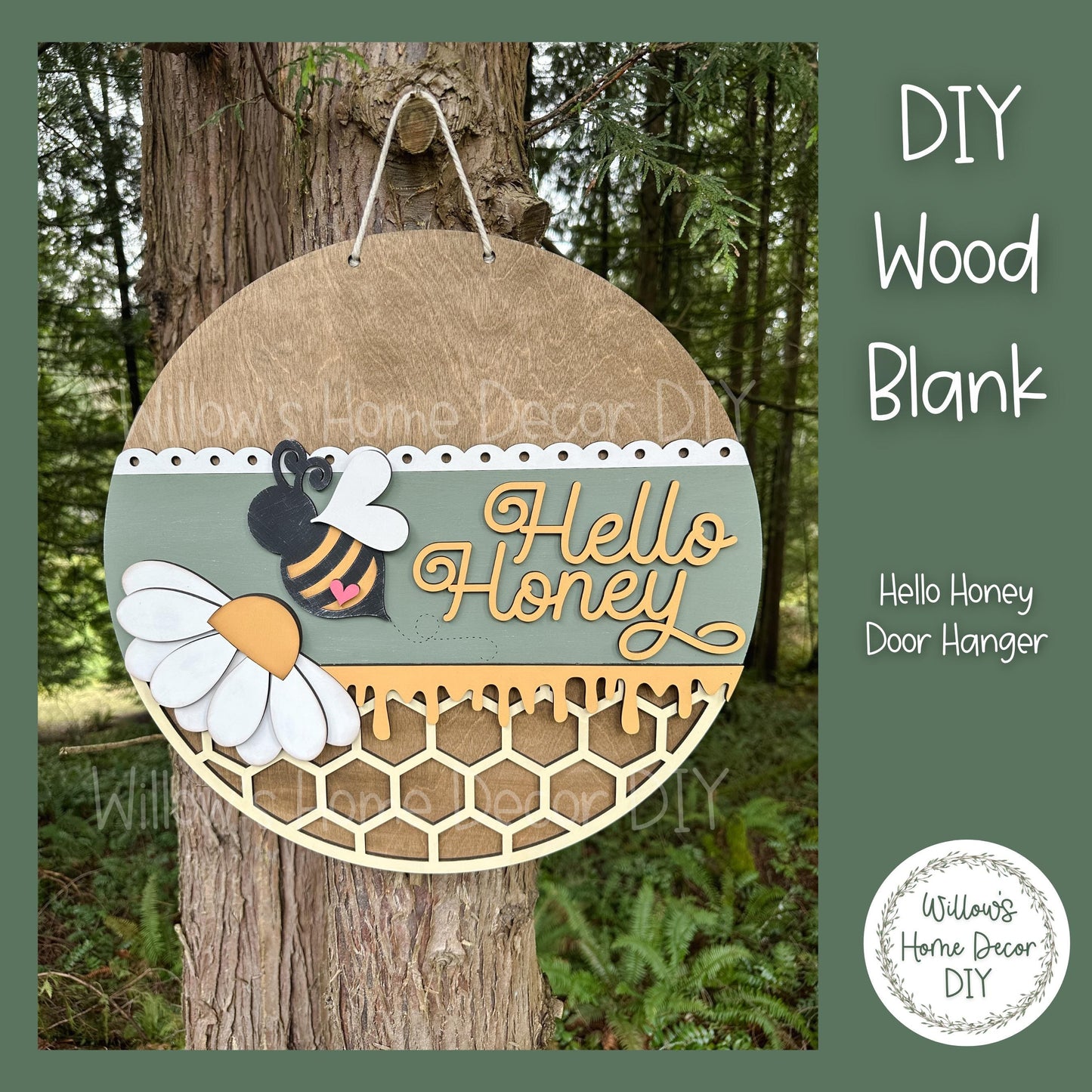 DIY Wood Blank Hello Honey Door Hanger - Unfinished Bee Adult Kids Craft - Daisy - Honeycomb - Summer Paint Party -
